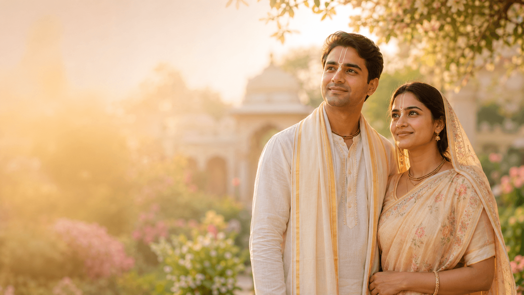 A devotee couple in traditional attire at golden hour